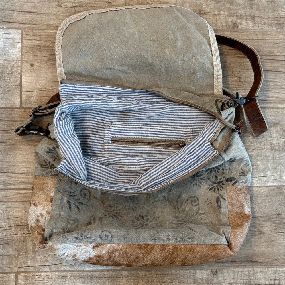 Cowhide And Leather Canvas Messenger Bag Featuring Genuine Hair and Leather Trim